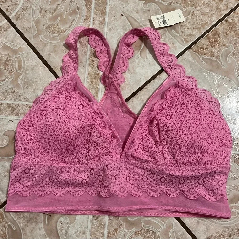 AE Aerie Pink Lace Wireless Bralette Pink Floral Crop Top Sheer Mesh Small
